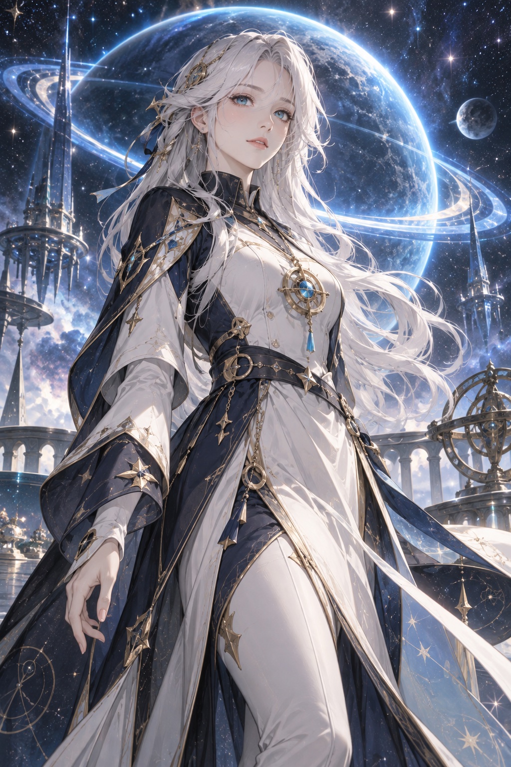 澪星,银发碧眼的领航者,身穿白色与藏蓝色制服,佩戴星盘